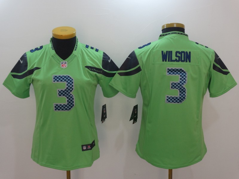 Womens Seattle Seahawks #3 Russell Wilson Green Color Rush Limited Jersey->women nfl jersey->Women Jersey